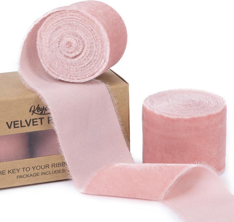 Keypan Dusty Pink Velvet Ribbon for Gift Wrapping 1-1/2 Inch Wide Handmade Fringe Fabric Ribbons for Christmas Decorations, Baby Shower, Flower Bouquet, 3 Ydars - Image 1
